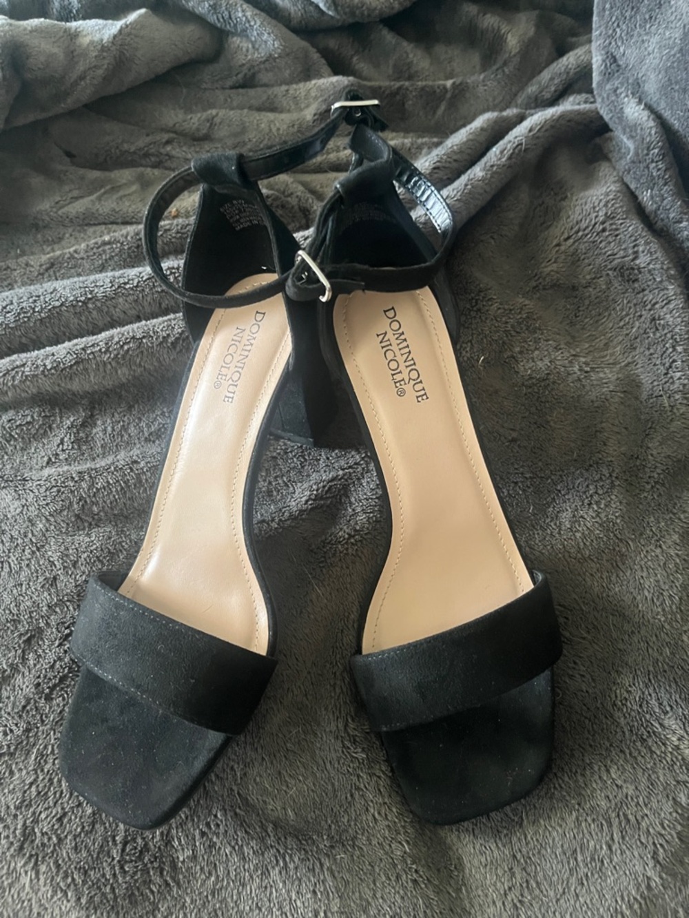 Dominique Black Suede Ankle-Strap Block Heels